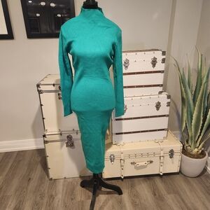 Teal Ribbed Turtleneck Midi Dress